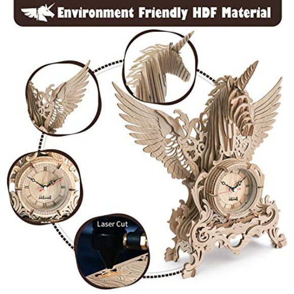 3D Wooden Puzzle Laser Cut Unicorn 71pc Jigsaw Puzzles Assembly Clock Model Kits - Picture 4 of 14